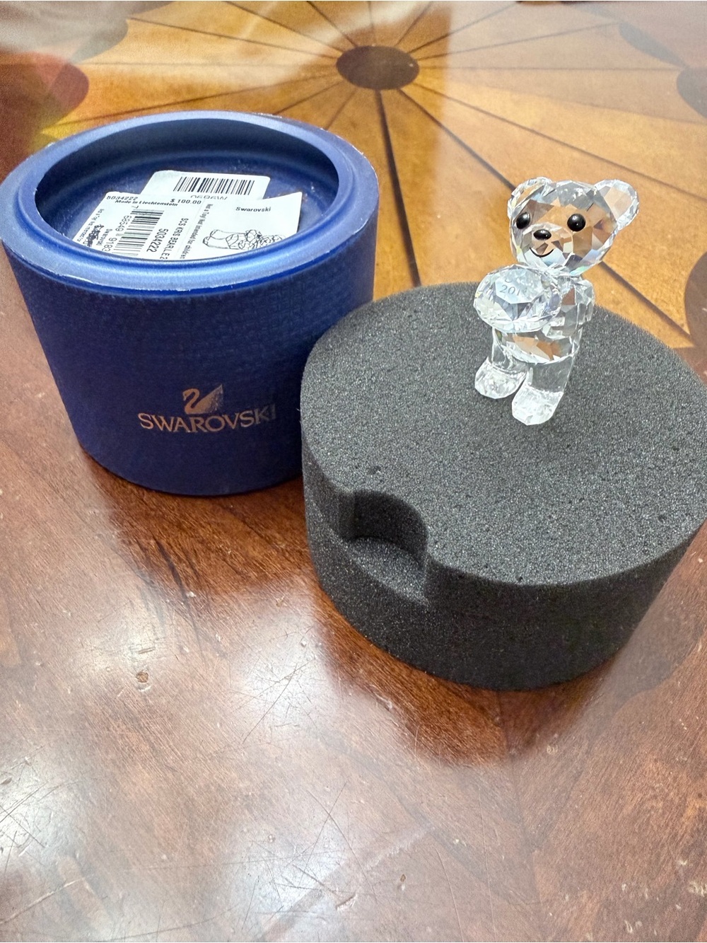 Swarovski Clear Crystal Bear Figurine with Blue Box Accent